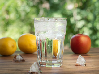 Red apple, yellow lemons, ice cubes and glass with melting ice, close up view. Green leaves on background. Fresh fruit composition. Selective soft focus. Blurred background