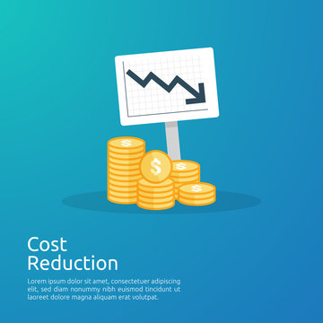 business crisis concept. money fall down with arrow decrease symbol. economy stretching rising drop, global lost bankrupt. cost declining reduction or loss of income with stack pile dollar coins