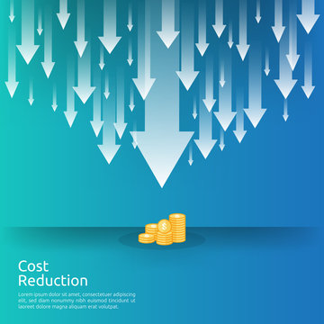 business crisis concept. money fall down with arrow decrease symbol. economy stretching rising drop, global lost bankrupt. cost declining reduction or loss of income with stack pile dollar coins