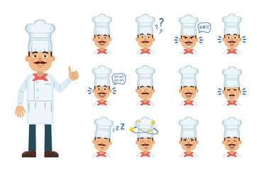Set of cook character emoticons. Cook avatars showing different facial expressions. Happy, sad, smile, laugh, cry, think, surprised, tired, in love and other emotions. Simple style vector illustration