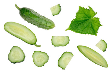 Fresh сucumber and slices isolated on white, top view