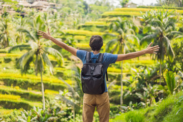 Male tourist with a backpack goes on the rice field