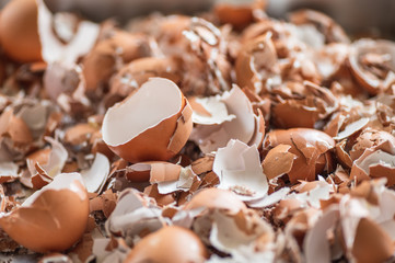 A close up of pile of empty cracked eggshells use for background texture.
