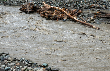 The powerful flow of a mountain river in the spring