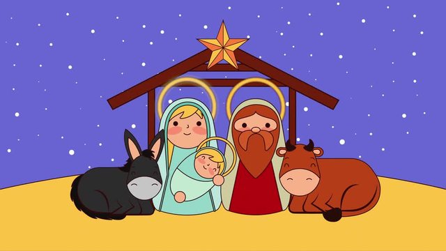 cute holy family in stable with animals manger characters