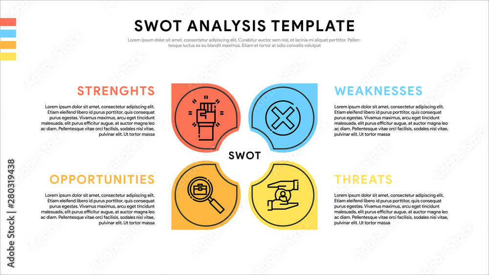 Poster four colorful elements with text inside placed around circle. concept of swot-analysis template or s