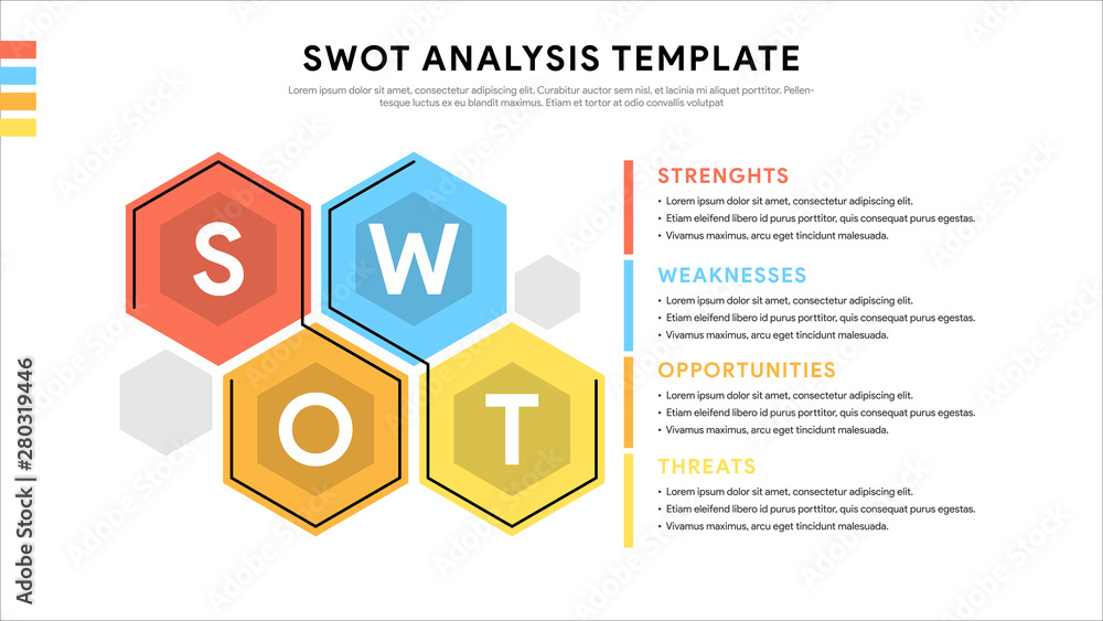 Poster four colorful elements with text inside placed beside the element. concept of swot-analysis template