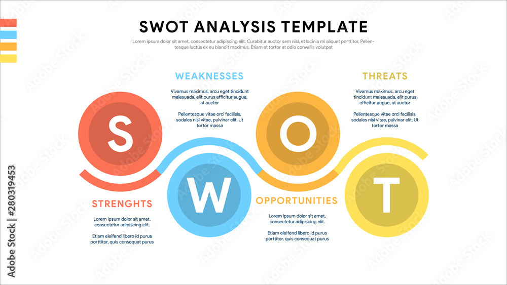 Poster four colorful elements with text inside placed around circle. concept of swot-analysis template or s