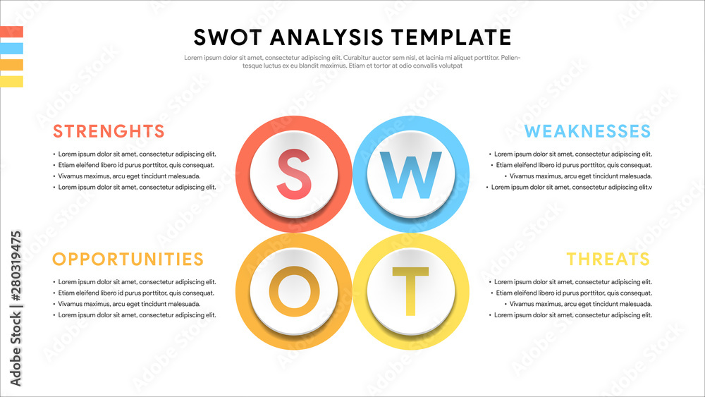 Poster four colorful elements with text inside placed around circle. concept of swot-analysis template or s