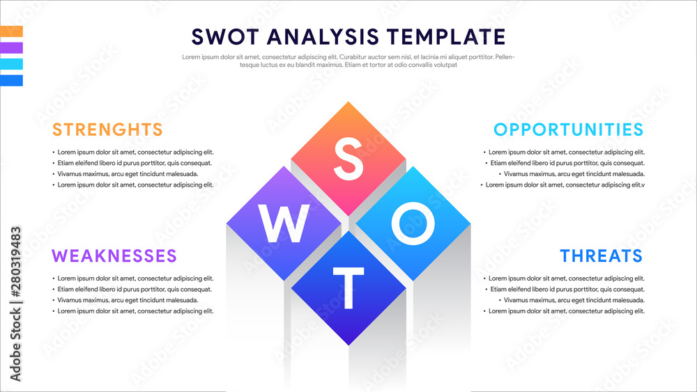 Poster four colorful elements with text inside placed around rectangle. concept of swot-analysis template o