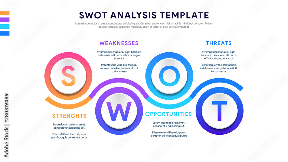 Poster four colorful elements with text inside placed around circle. concept of swot-analysis template or s