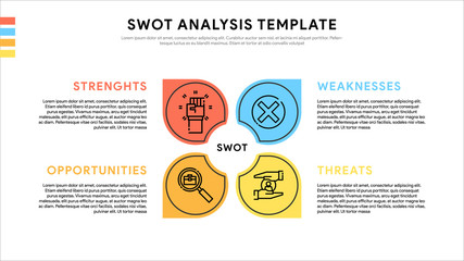 Four colorful elements with text inside placed around circle. Concept of SWOT-analysis template or strategic planning technique. Infographic design template. Vector illustration.