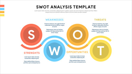 Four colorful elements with text inside placed around circle. Concept of SWOT-analysis template or strategic planning technique. Infographic design template. Vector illustration.