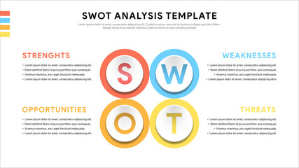 Four colorful elements with text inside placed around circle. Concept of SWOT-analysis template or strategic planning technique. Infographic design template. Vector illustration.