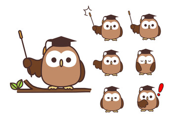 フクロウ先生・フクロウ博士の授業・指し棒・お辞儀・ビックリマーク・イラストアイコン