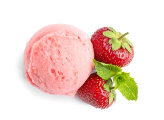 Scoop of delicious strawberry ice cream with mint and fresh berries on white background, top view