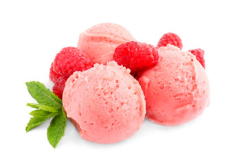 Scoops of delicious raspberry ice cream with mint and fresh berries on white background