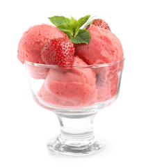 Delicious strawberry ice cream with mint and fresh berries in dessert bowl on white background