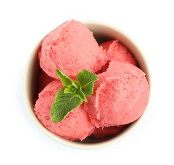 Delicious strawberry ice cream with mint in dessert bowl on white background, top view
