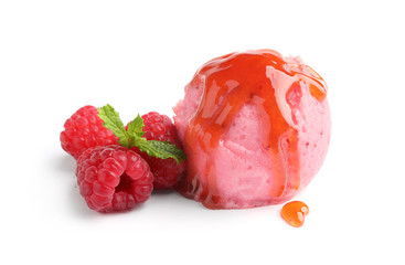 Scoop of delicious raspberry ice cream with mint, syrup and fresh berries on white background