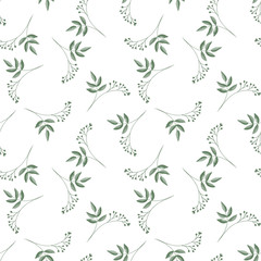 Seamless pattern with cute tiny flower branches with leaves on white background.