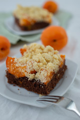 Delicious home made chocolate apricot cake with sweet streusel on a table