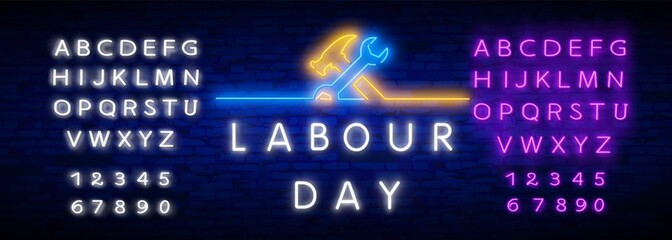 Happy Labor Day banner, logo, emblem and label. Happy Labor Day Neon Text Vector with a Brick Wall Background. Vector Illustration