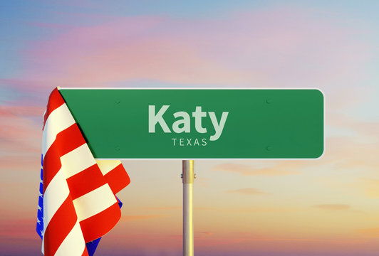 Katy – Texas. Road or Town Sign. Flag of the united states. Sunset oder Sunrise Sky. 3d rendering
