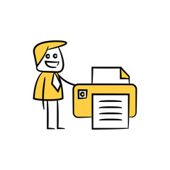 businessman and printer concept in stick figure yellow theme