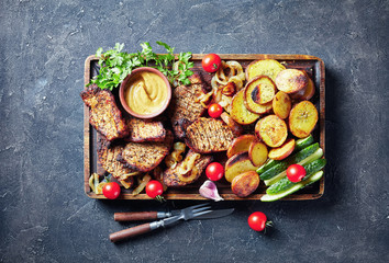 juicy, smoky Grilled German Pork Chops, flat lay