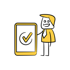 businessman and mobile check yellow stick figure theme