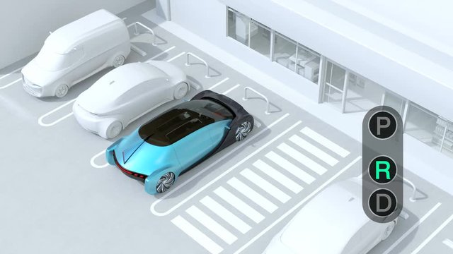 Head-in parking car emergency stopped while the driver used wrong gear.  Advanced driver assistance system concept. 3D rendering animation.