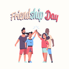 happy people group with their hands piled on top of each other young friends having fun together friendship day celebration concept flat full length greeting card