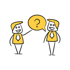 businessman consulting with question mark concept in stick figure yellow theme