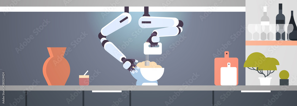 Poster smart handy chef robot using mixer kneading dough in bowl for baking robotic assistant innovation te