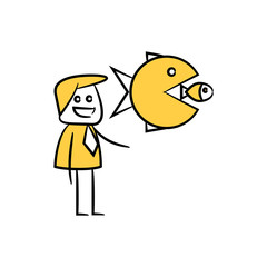 businessman and fish eat fish business concept icon yellow stick figure theme