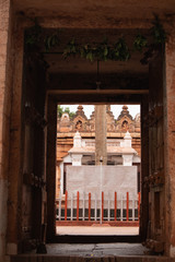 View through the gopuram of Kumaraswami Temple on top of the Krauncha Giri or hill at sandur.