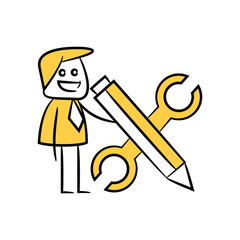 businessman with pen and wrench icon yellow stick figure theme
