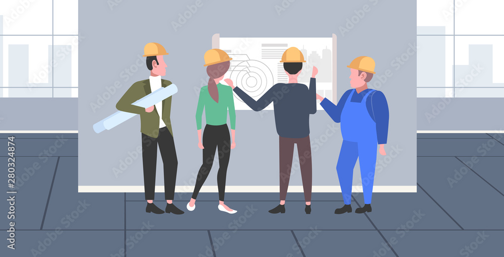 Aufkleber construction workers studying blueprint engineers team discussing new building project during meetin