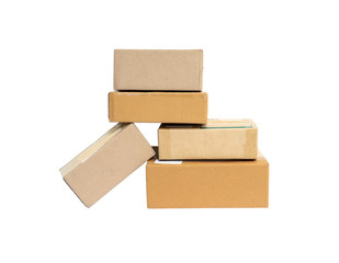 Closeup pile of parcel box isolated on white background