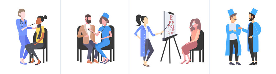 set doctors examining patients different medical consultation medicine healthcare concepts collection flat full length horizontal