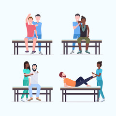 set masseurs therapists doing healing treatment of mix race patients on massage table specialists massaging injured body parts collection manual sport physical therapy concept full length