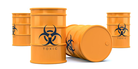 Yellow biohazard toxic waste barrels isolated - obrazy, fototapety, plakaty