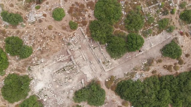 The ruins of the late Hellenic Jewish settlement Hurvat Sumak on Mount Carmel, Israel. View from the drone.