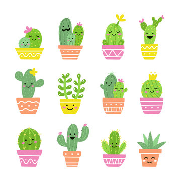 Cute cactus set. A collection of exotic potted plants with funny faces. Vector illustration.