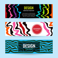 Set Horizontal color banners with bright waves on black and white background.