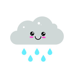 Kawaii cartoon cloud with rain drops isolated on white background. Cute vector illustration for children