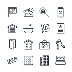Real Estate Related Vector Line Icons set. Contains such Icons as For Rent Sign, Bedrooms, Office, Location and more for graphic and web design.