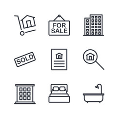Real Estate Related Vector Line Icons set. Contains such Icons as For Rent Sign, Bedrooms, Office, Location and more for graphic and web design.