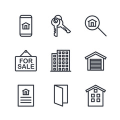 Real Estate Related Vector Line Icons set. Contains such Icons as For Rent Sign, Bedrooms, Office, Location and more for graphic and web design.